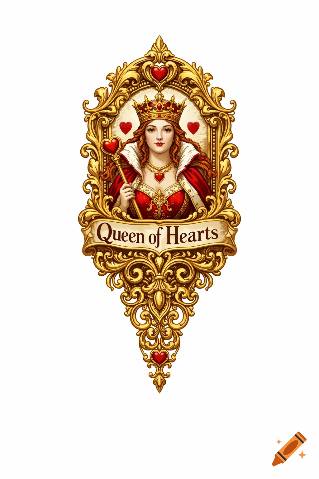 Regal Queen of Hearts illustration in an ornate golden frame, holding a heart-topped scepter, with "Queen of Hearts" text.