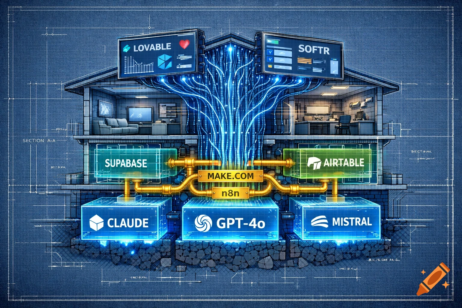 Isometric blueprint cross-section of a smart house with glowing components labeled with tech company names like CLAUDE, GPT-4o, SUPABASE, MAKE.COM, and SOFTR.