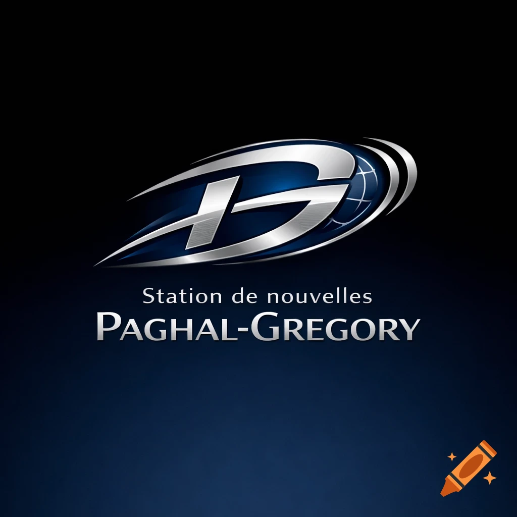 Sleek metallic silver and blue logo with stylized letters and a globe, above the text 'Station de nouvelles PAGHAL-GREGORY' on a dark gradient background.