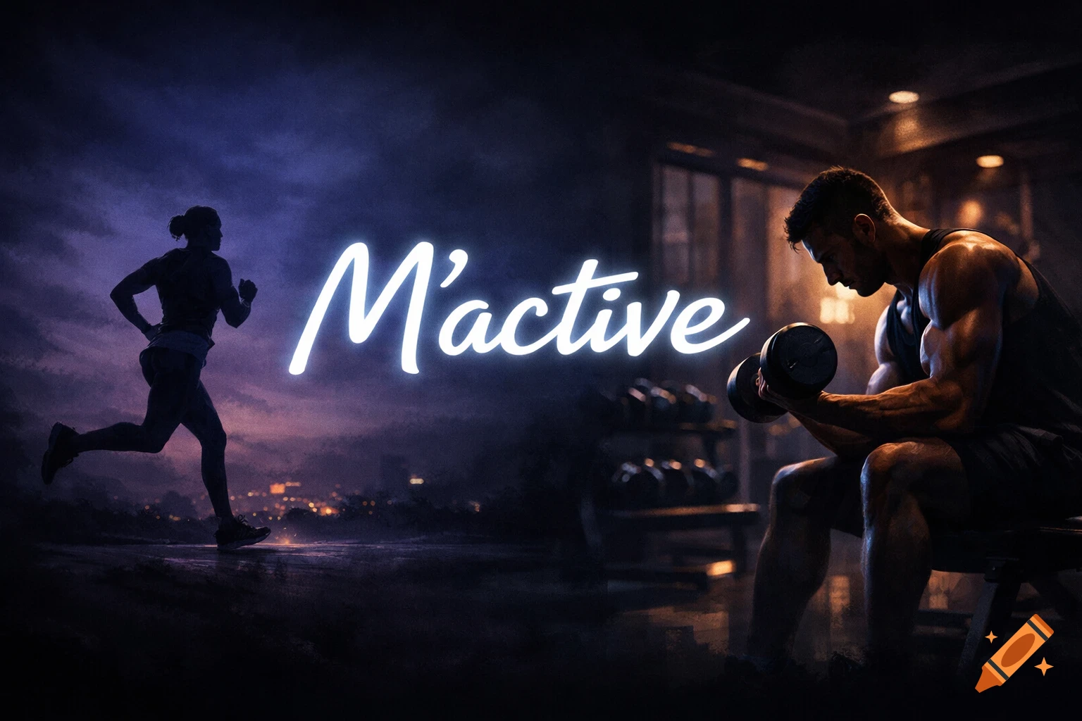 A woman jogs outdoors at night and a man lifts weights in a dark gym, with glowing "M'active" text.