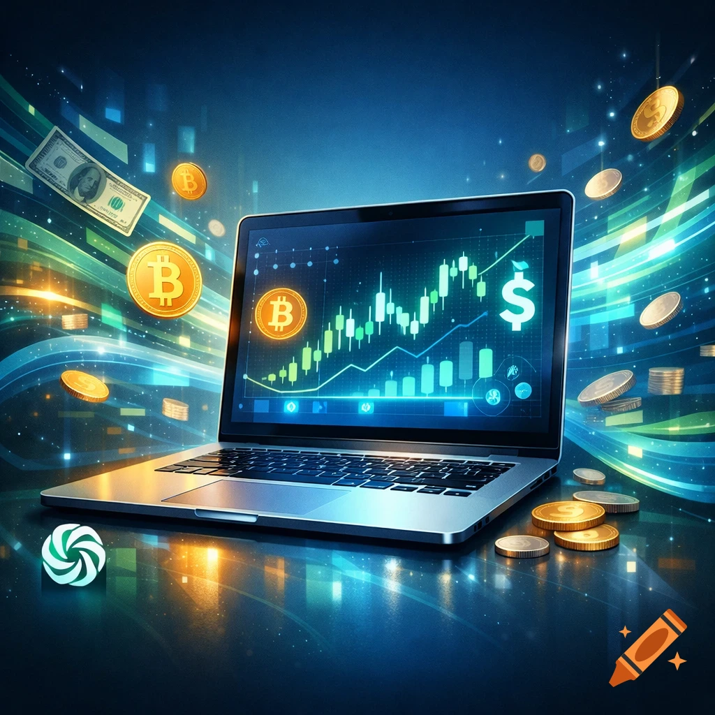 Vibrant digital illustration of a laptop displaying financial charts, surrounded by floating bitcoins, dollar bills, and coins.