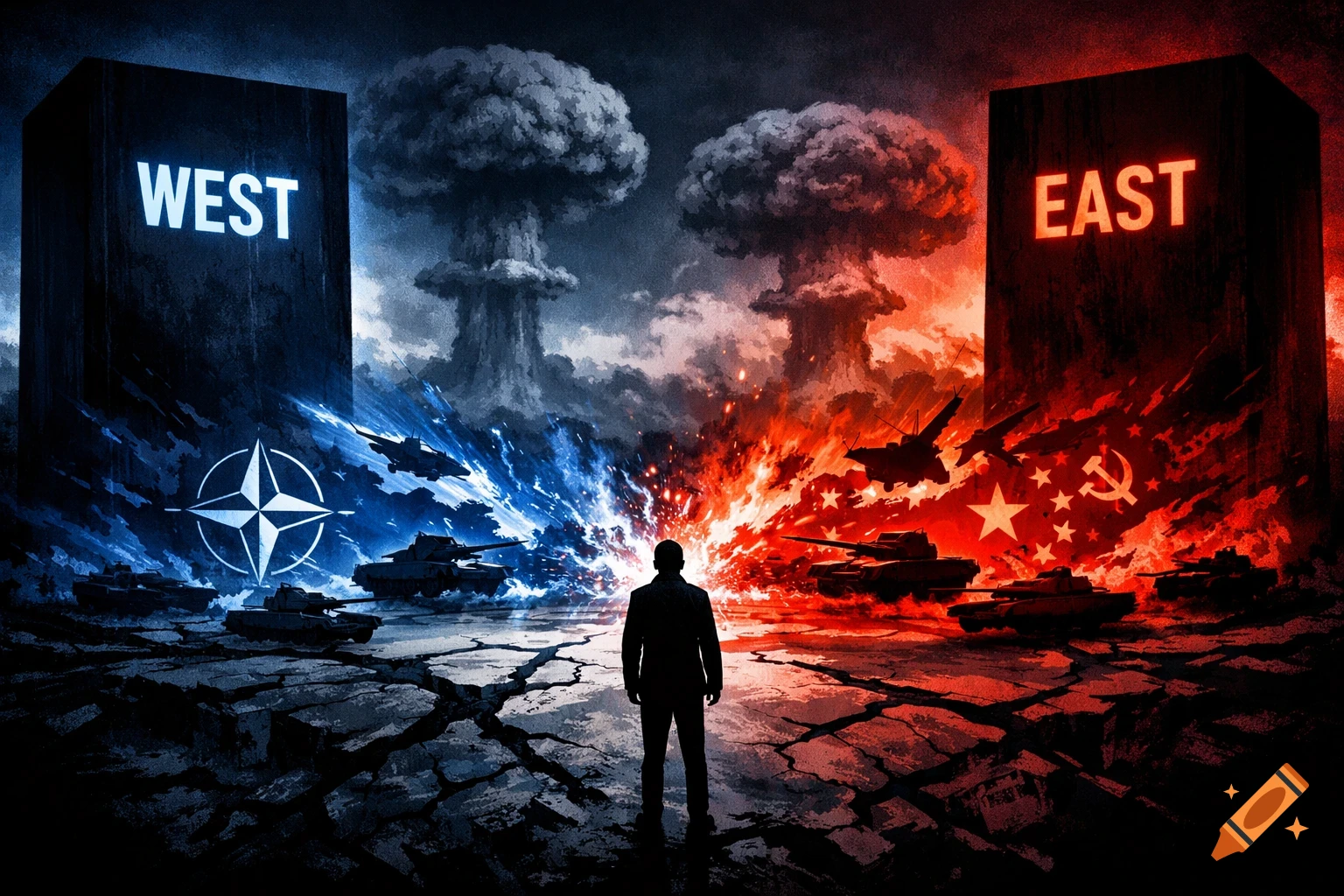 A silhouetted figure stands on cracked earth between a blue 'WEST' side with NATO symbols and tanks, and a red 'EAST' side with a hammer and sickle and tanks, both under mushroom clouds.