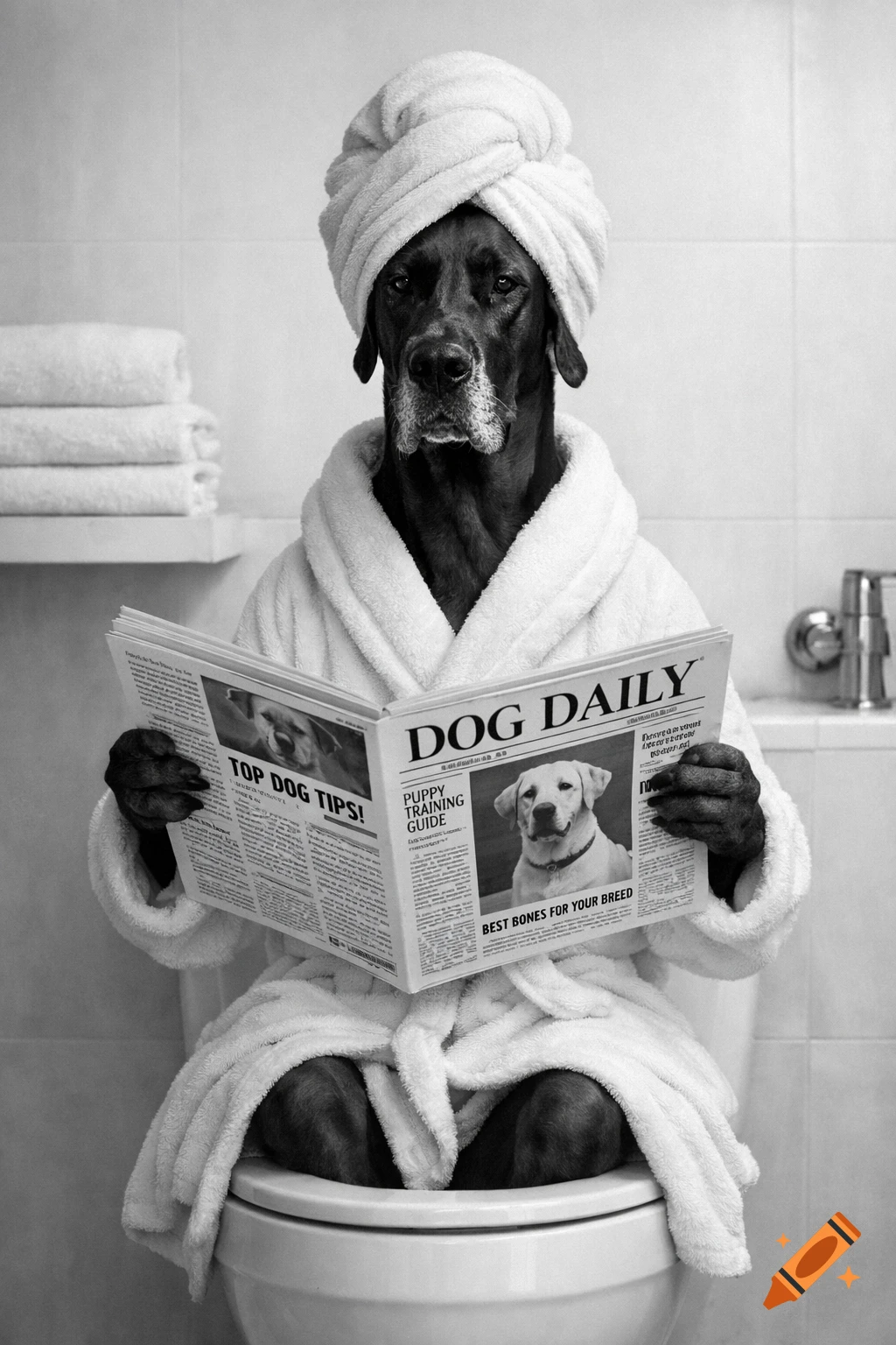 Black and white photo of a Great Dane in a bathrobe and towel turban, sitting on a toilet and reading a newspaper.