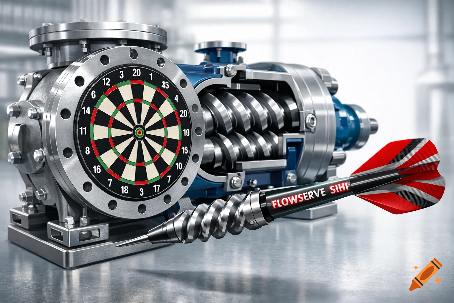 Photorealistic 3D render of an industrial screw pump with a dartboard attached to its flange and a dart with 'FLOWSERVE SIHI' text.