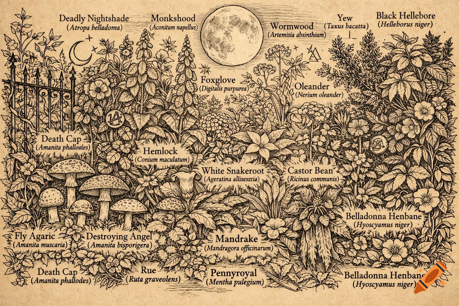 A vintage botanical illustration of a witchy garden with various poisonous plants labeled with common and scientific names under a full moon.