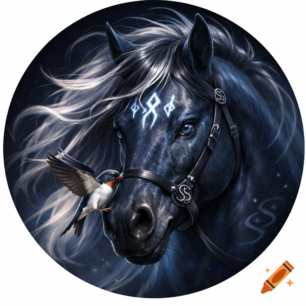 A fantasy portrait of a dark horse with glowing runes on its forehead and white mane, with a small bird landing on its nose.