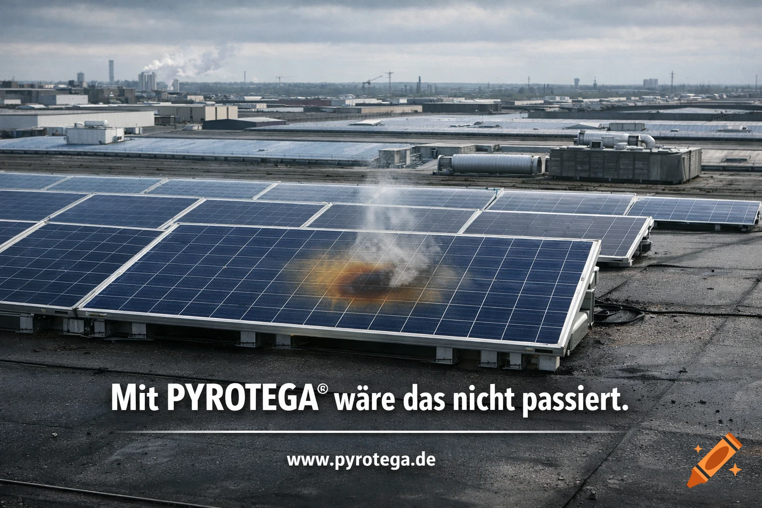 Rooftop solar panels, one with thermal discoloration and smoke. The image includes the text 'Mit PYROTEGA® wäre das nicht passiert.' and 'www.pyrotega.de'.