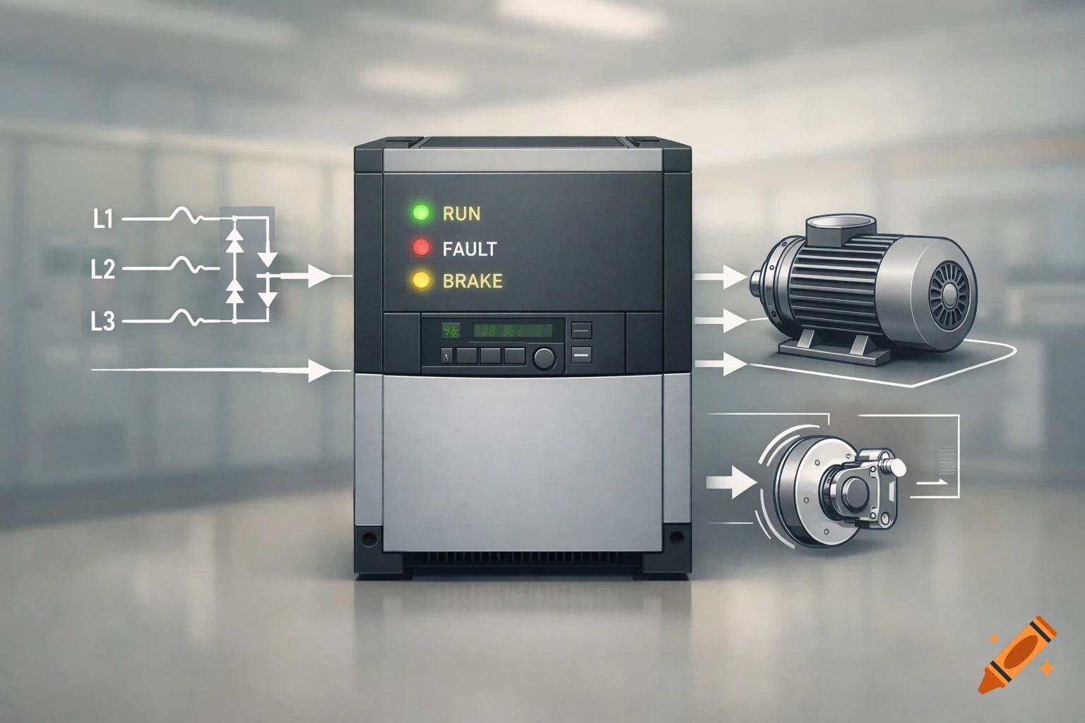 An industrial motor control unit, electric motor, and brake mechanism are shown with electrical diagrams on a gray background.
