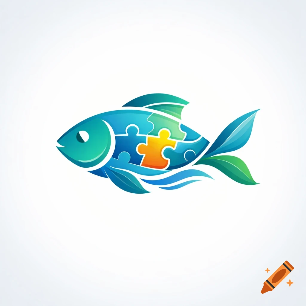 Stylized logo of a blue and green fish with orange and green puzzle pieces forming its body, on a white background.