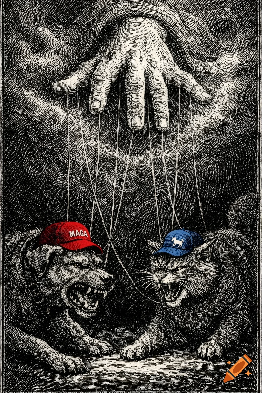 A giant hand manipulates strings attached to a snarling dog in a red MAGA hat and a snarling cat in a blue donkey hat, in an engraving style.