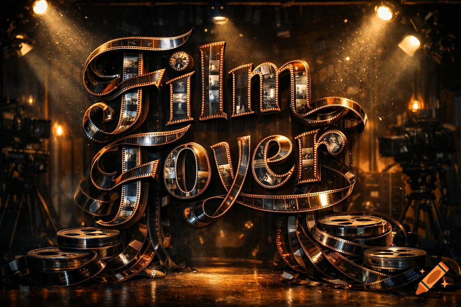 Stylized text "Film Foyer" crafted from film strips and reels, dramatically lit by spotlights in a dark, cinematic setting.