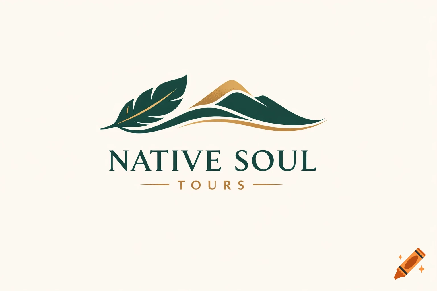 Minimalist logo for Native Soul Tours featuring a dark green feather and golden-highlighted mountains on a light background.