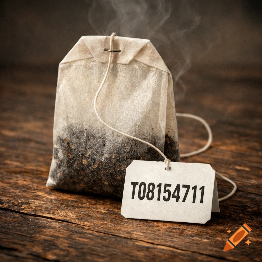 A steaming tea bag with a tag labeled 'T08154711' on a wooden surface.