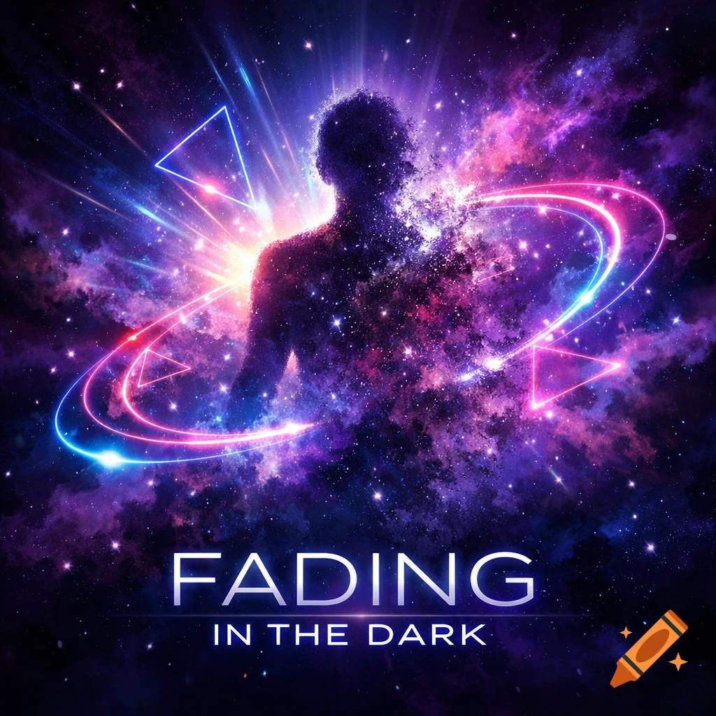 A silhouette of a person dissolving into a vibrant purple and blue cosmic background with neon lines and triangles, with text 'FADING IN THE DARK'.