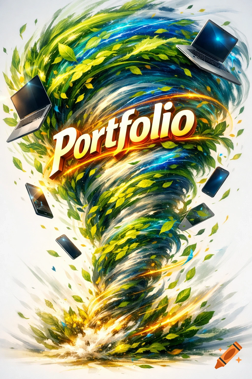 A vibrant, swirling vortex of green and blue leaves, laptops, and phones, with the word 'Portfolio' in bold 3D letters.