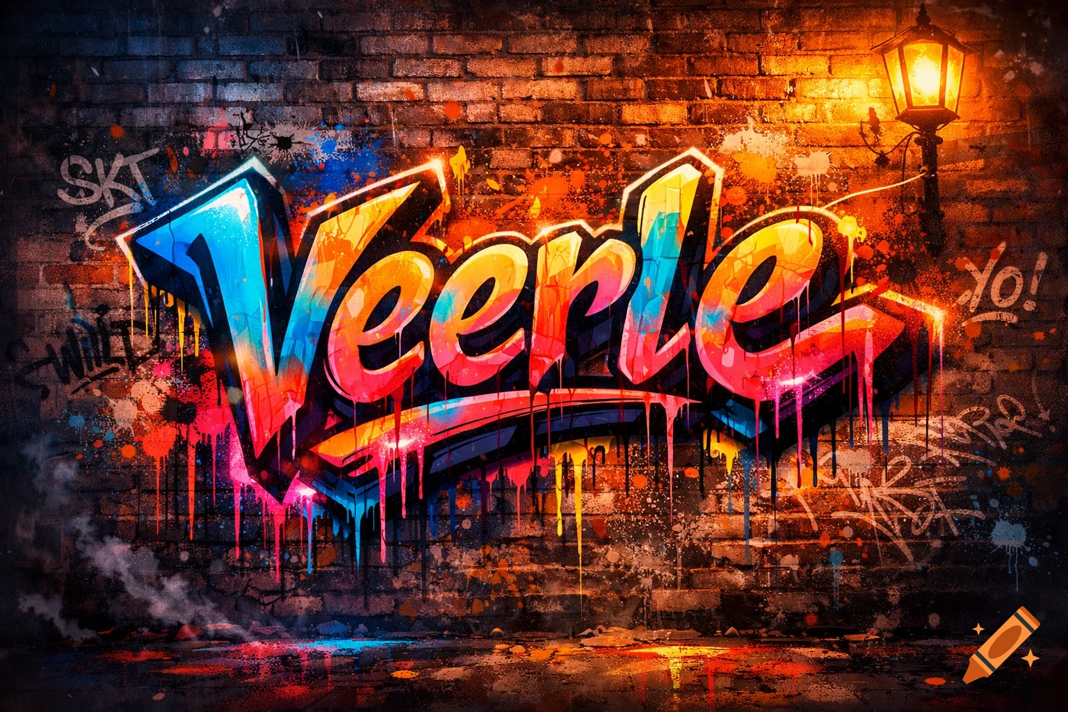 Vibrant graffiti art spelling 'Veerle' on a dark brick wall under a glowing street lamp.