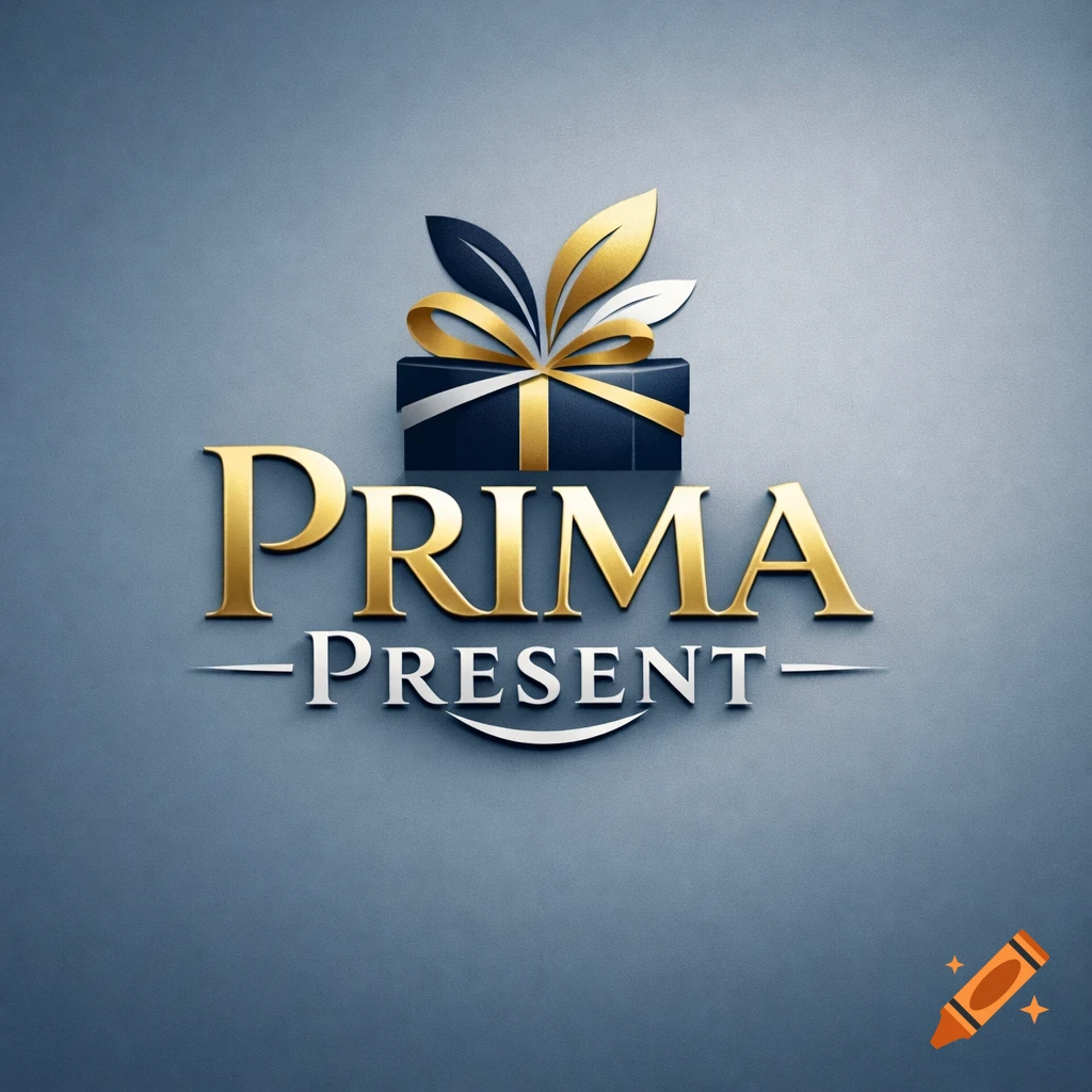 3D metallic gold and silver logo for 'Prima Present' with a gift box and leaves on a gray background.