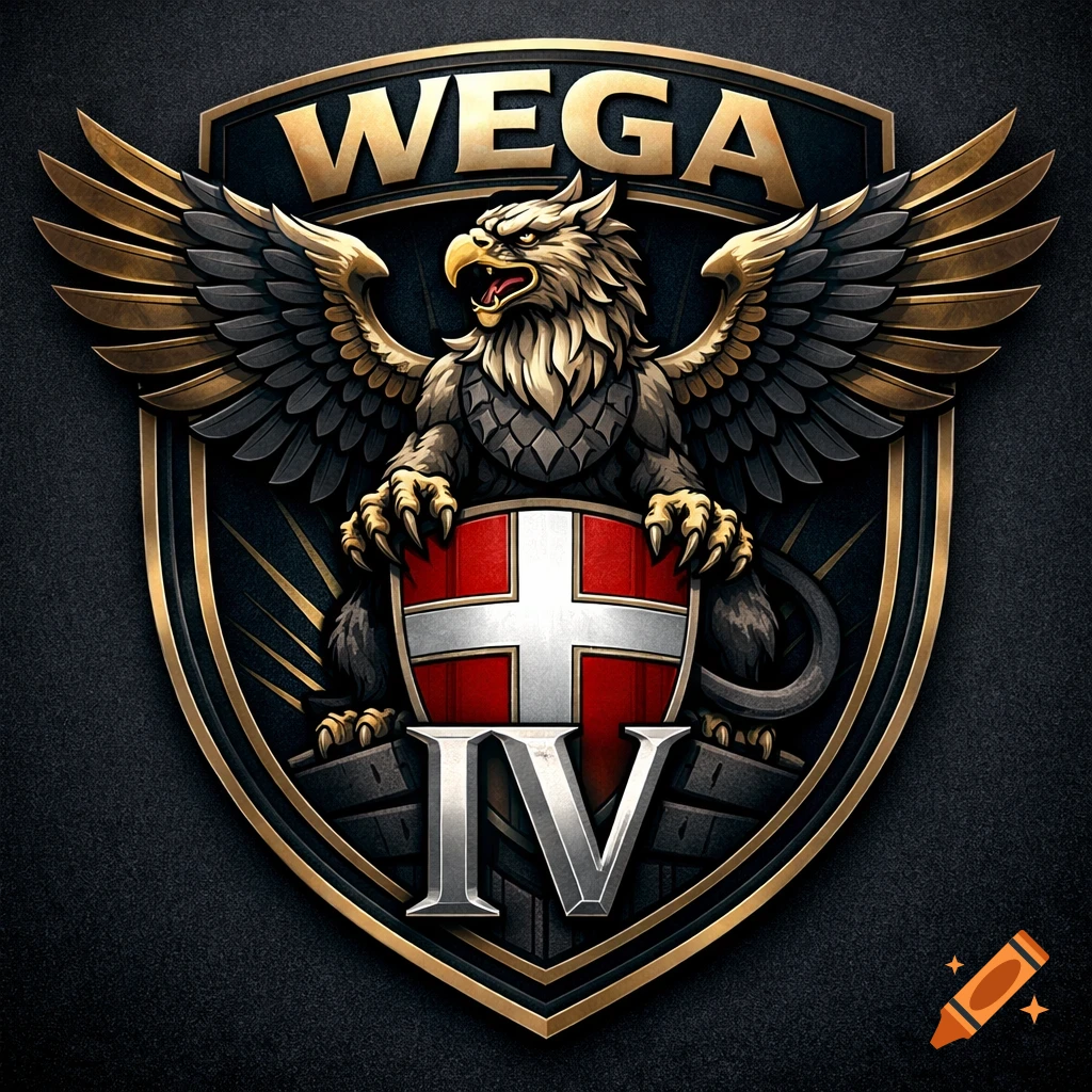 Detailed gold and black heraldic crest with a griffin holding a red and white shield, featuring 'WEGA' at the top and 'IV' at the bottom.