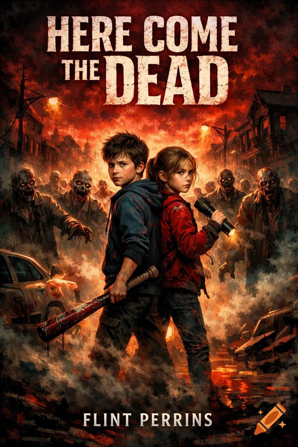 Book cover featuring a boy with a bloody bat and a girl with a flashlight, facing a zombie horde in a ruined city under a red sky. Title: HERE COME THE DEAD, Author: Flint Perrins.
