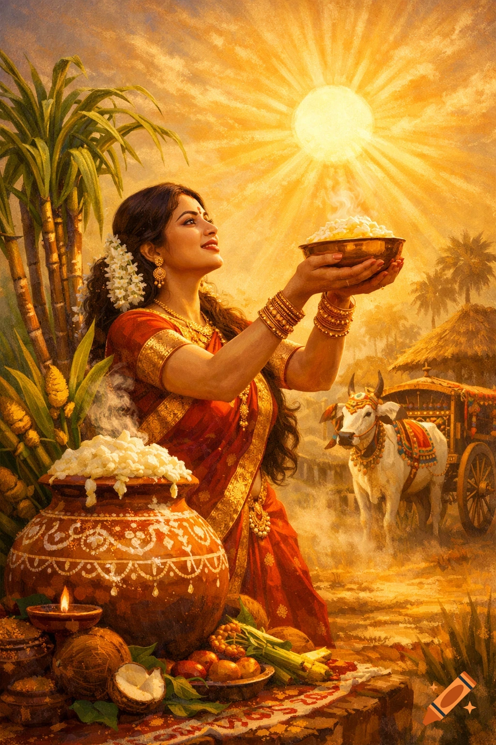 Woman in red saree holding food towards a bright sun, with a decorated cow and boiling pot, celebrating an Indian festival in a painterly style.