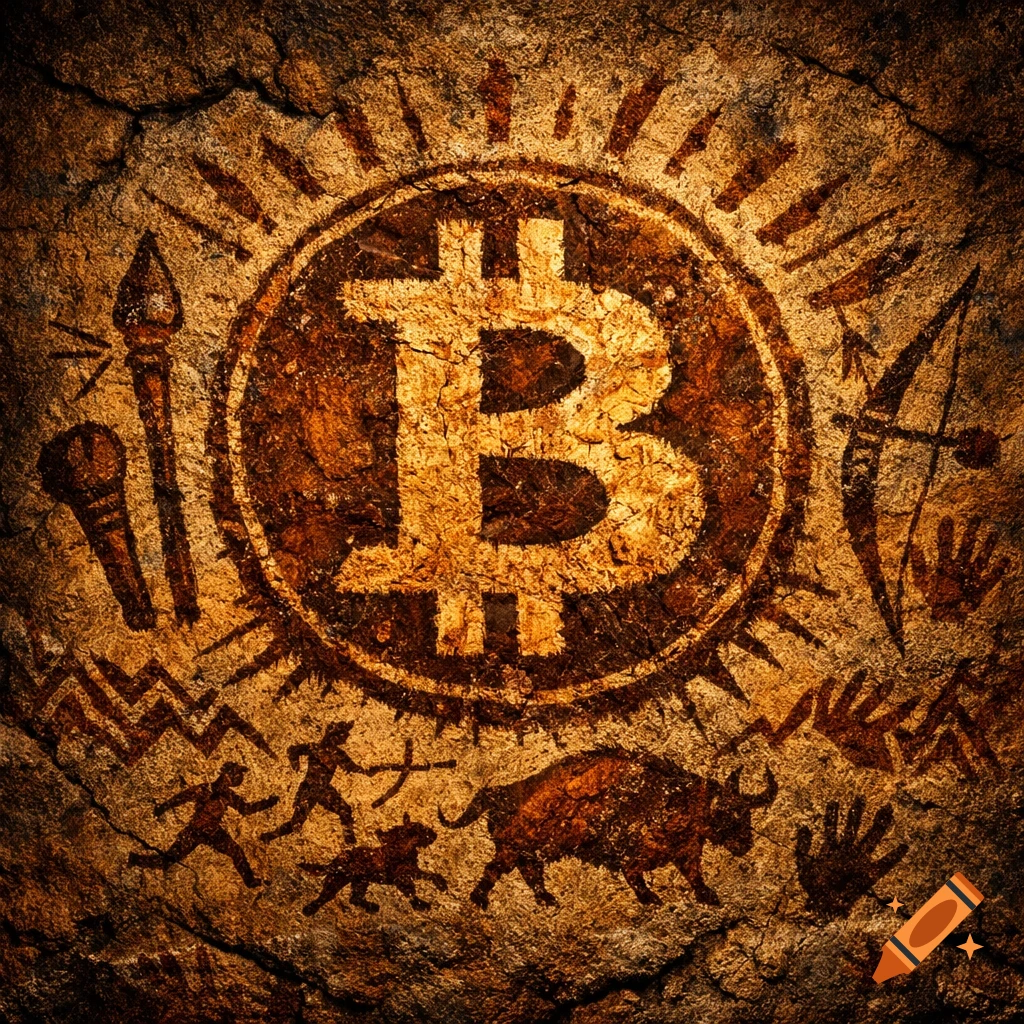 A Bitcoin 'B' logo is stylized as a glowing cave painting on a dark, cracked rock surface, surrounded by ancient symbols like spears, bows, stick figures of hunters, animals, and handprints.