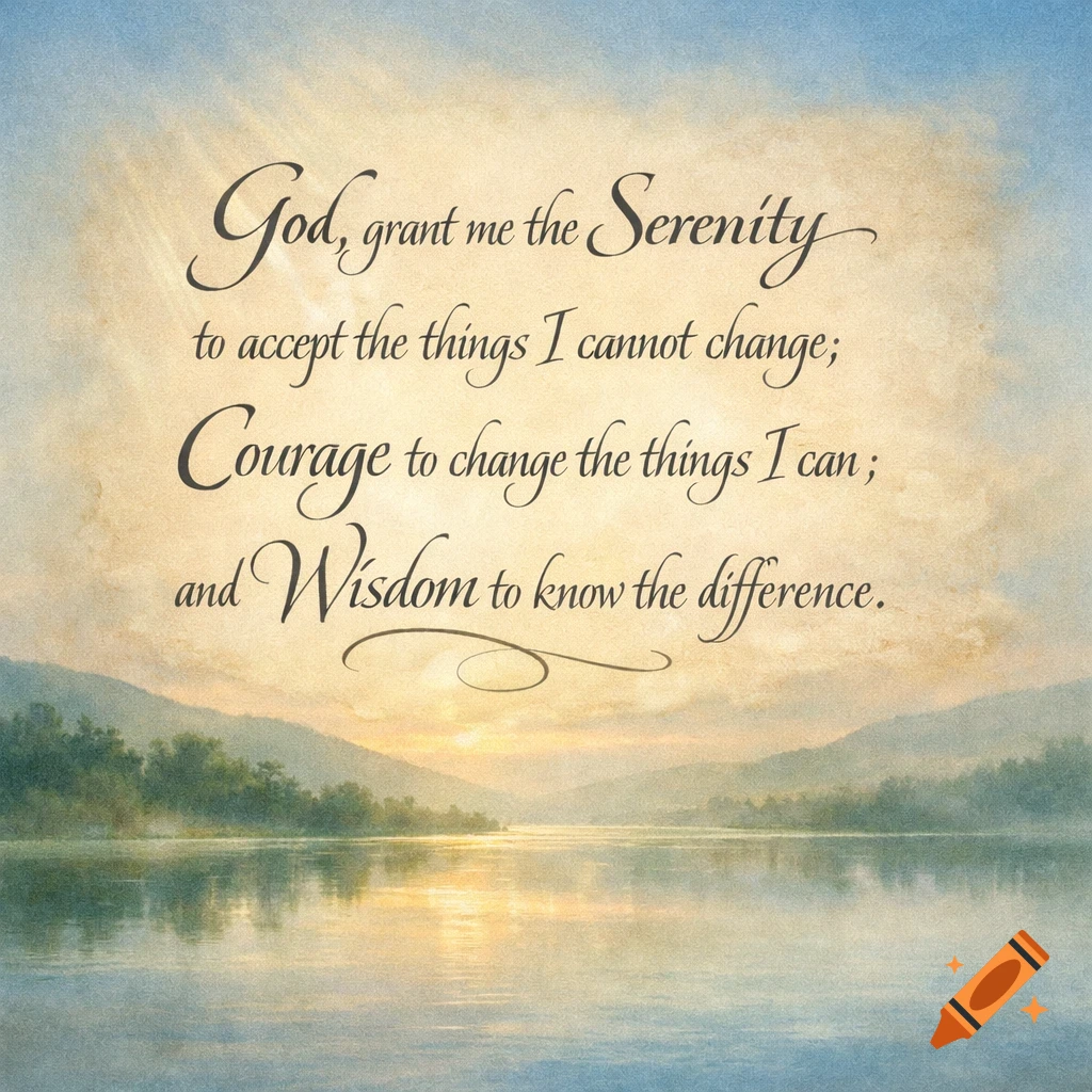 Serenity Prayer in elegant script over a tranquil, painterly landscape with a lake, mountains, and a soft sunrise/sunset.