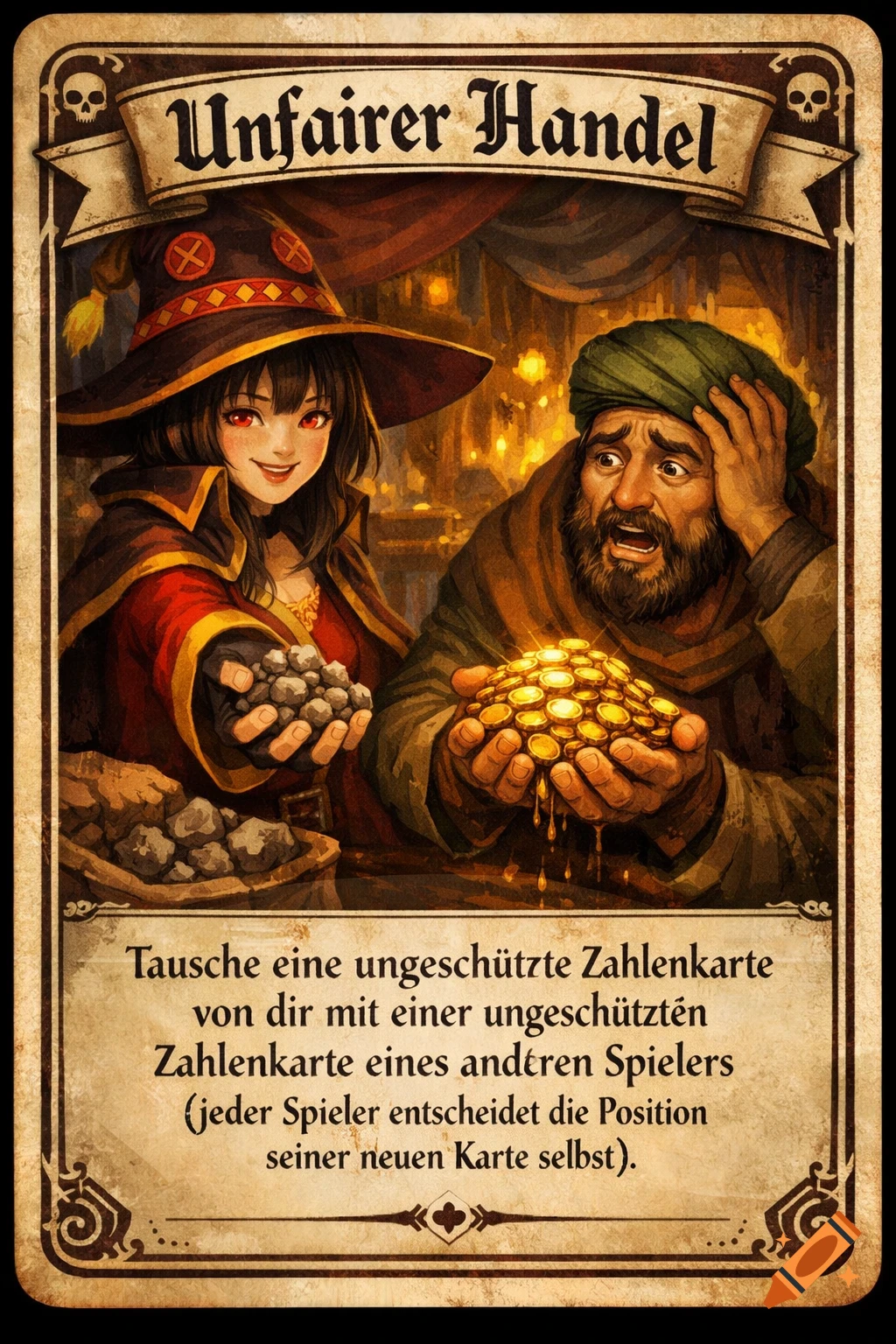 A fantasy playing card titled "Unfairer Handel" features an anime-style witch girl smiling while trading small stones with a distressed bearded merchant holding a pile of gold coins.