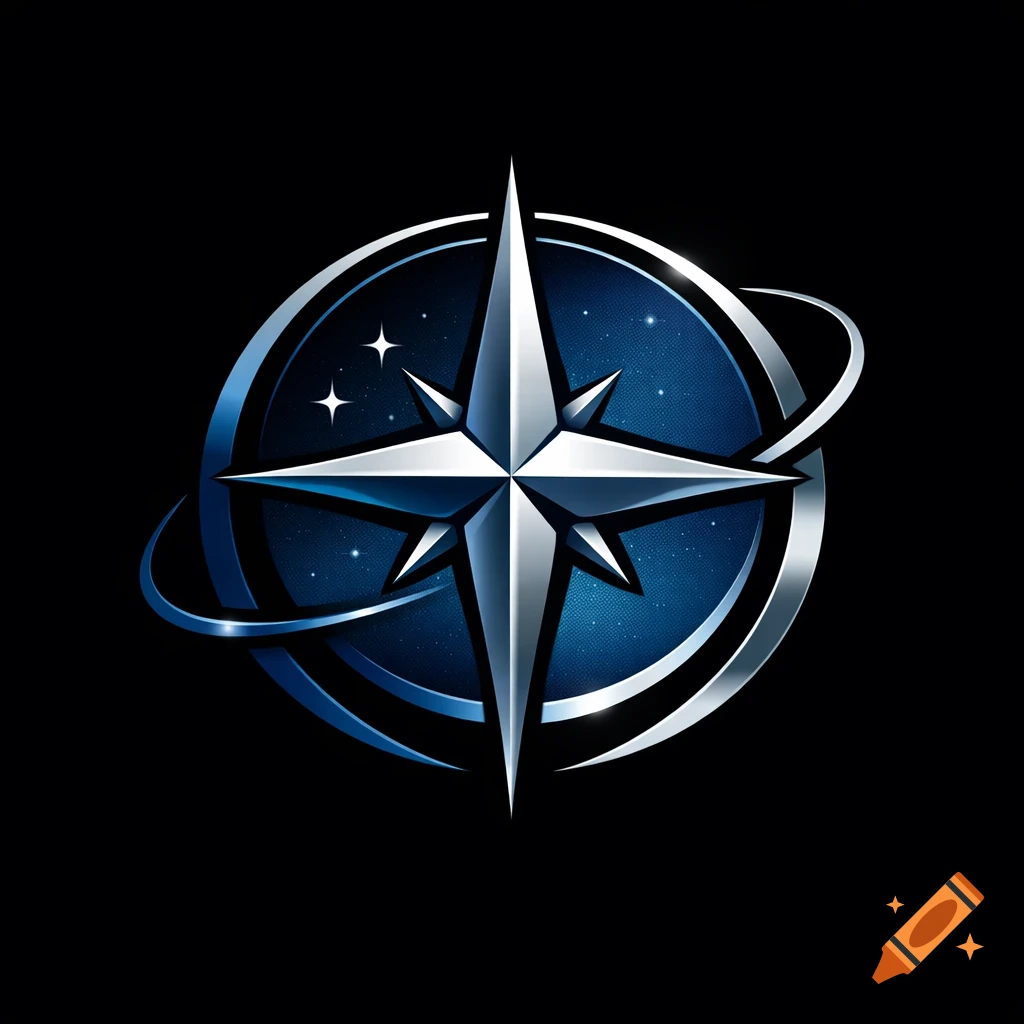 A sleek metallic silver compass rose logo with a blue starry background and orbiting rings.