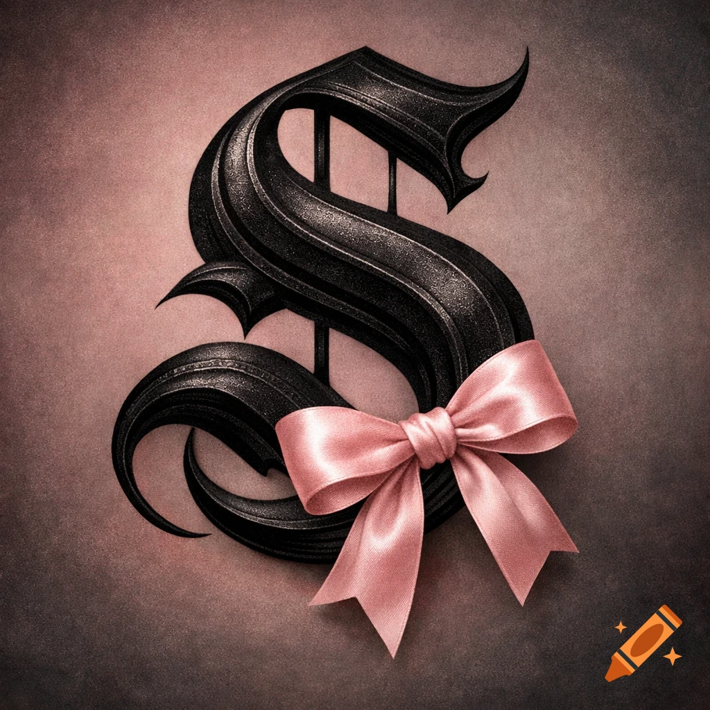A textured black gothic letter S adorned with a shiny pink ribbon bow, set against a dark pink background.