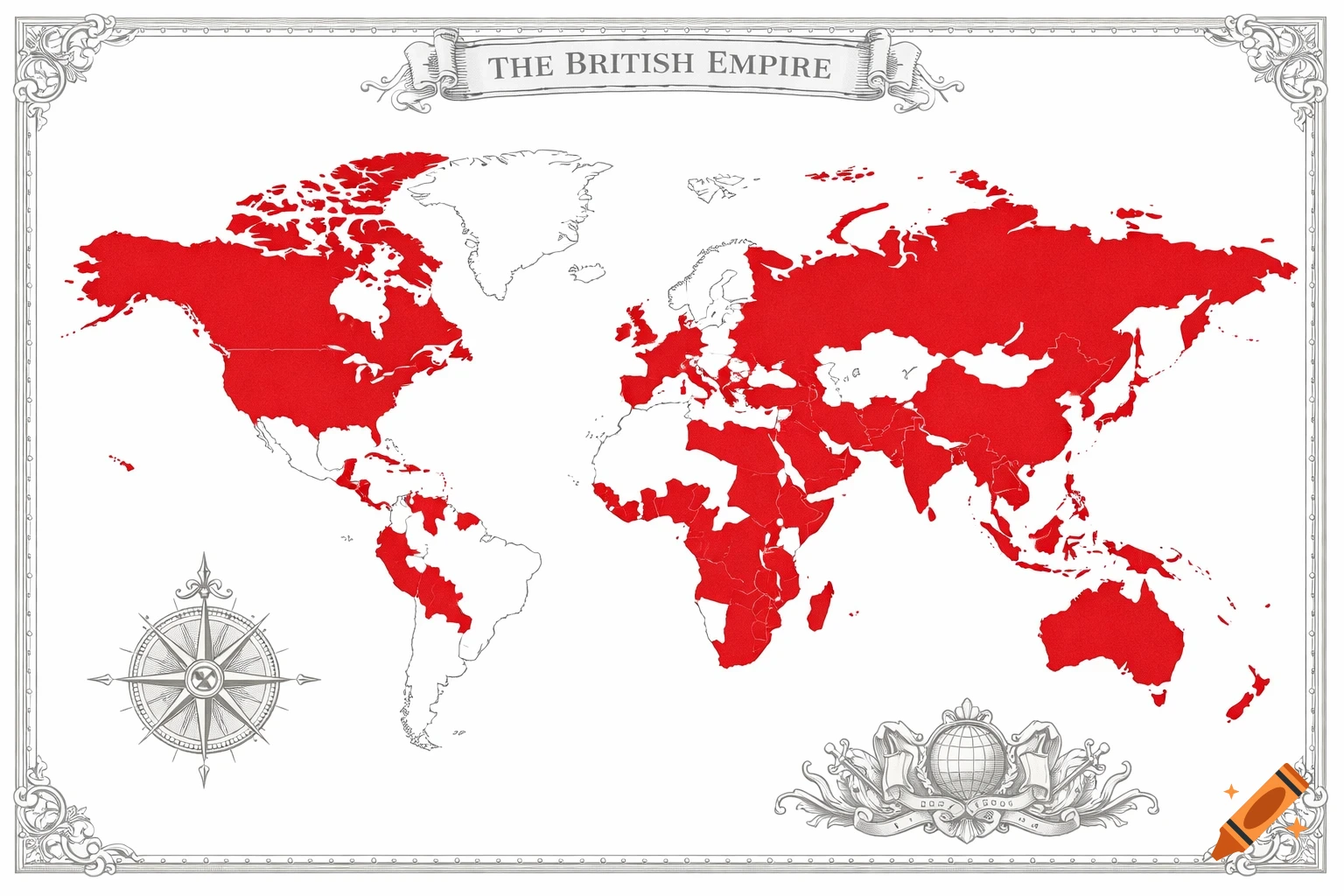 A vintage-style world map showing all territories ever part of the British Empire highlighted in red on a white background, with decorative borders and a compass rose.