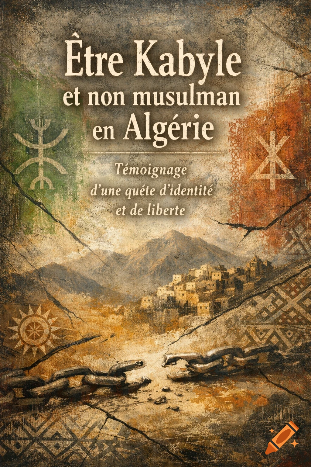 Vintage style book cover with text 'Être Kabyle et non musulman en Algérie', a mountain village, broken chains, and cultural symbols.