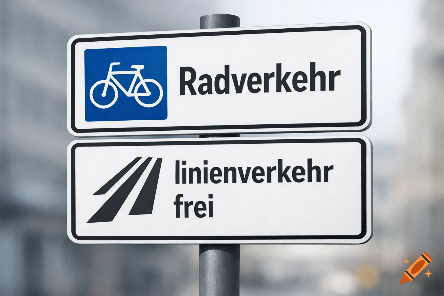 Two white road signs on a pole. The top sign shows a bicycle icon and 'Radverkehr'. The bottom sign shows a lane symbol and 'linienverkehr frei'.