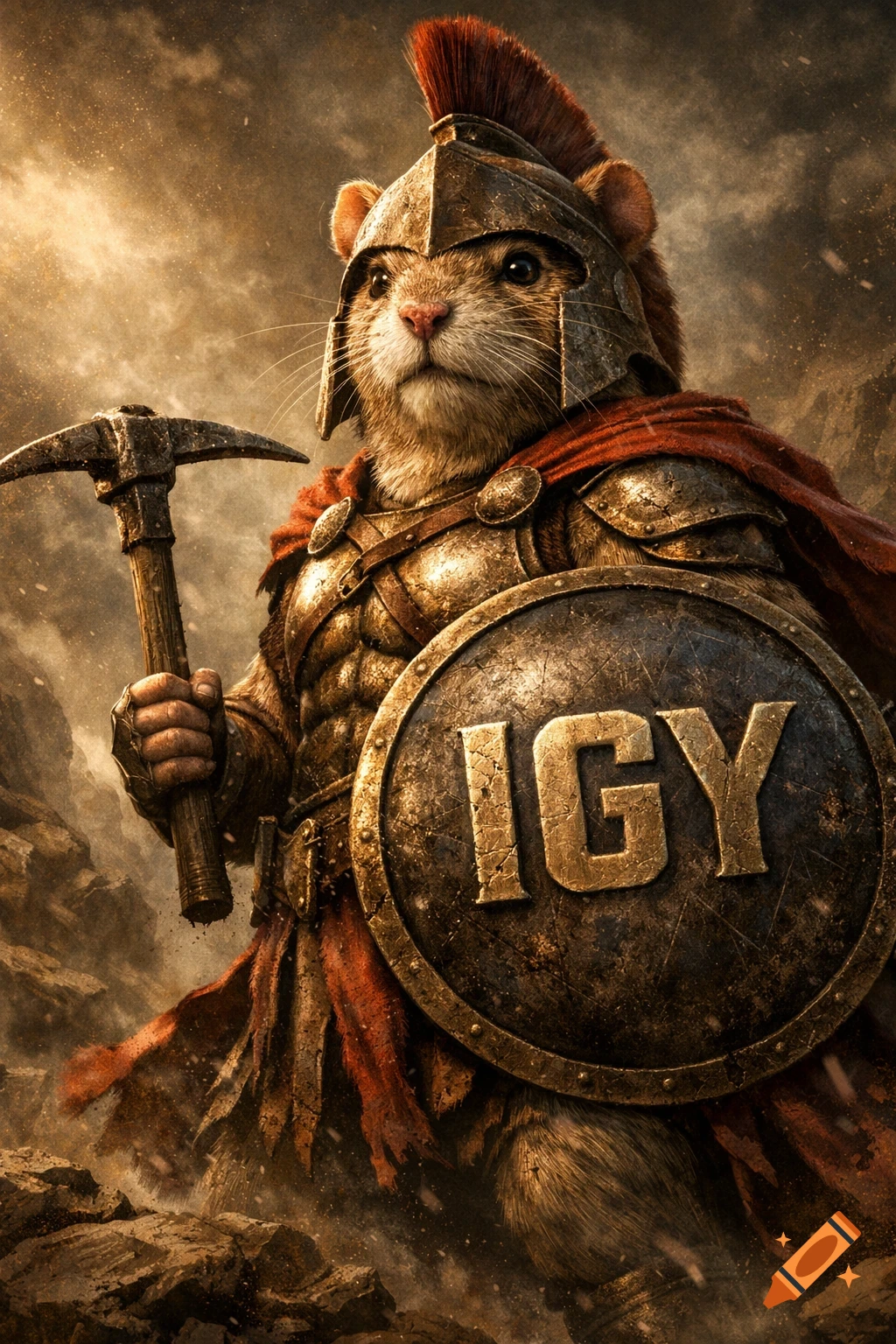 A realistic gerbil in ornate Spartan armor with a red cape, holding a pickaxe and a shield with 'IGY' on it, on a rocky terrain.