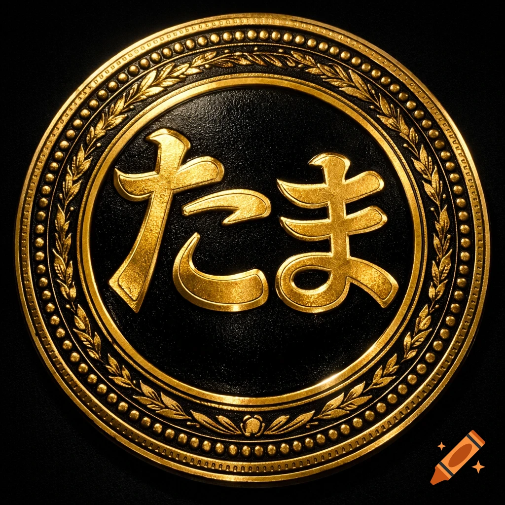 A golden medallion with ornate borders, featuring the Japanese text 'たま' in the center on a textured black background.