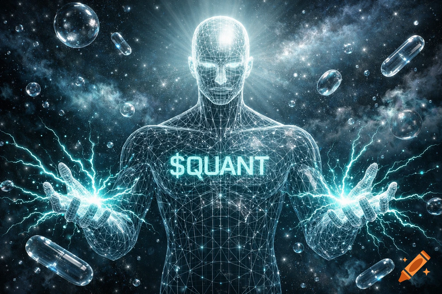 A glowing wireframe humanoid figure emits electricity, '$QUANT' on its chest, in a cosmic space with floating capsules and bubbles, digital art.