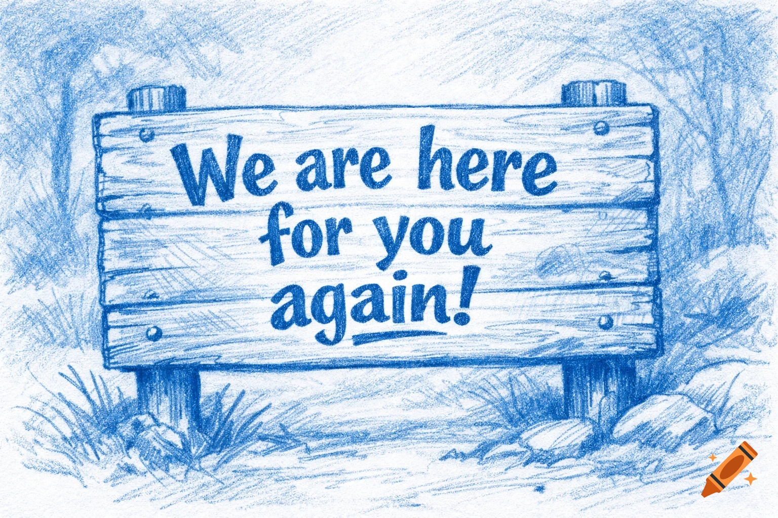 Blue crayon sketch of a wooden sign with 'We are here for you again!' text, surrounded by grass and trees.
