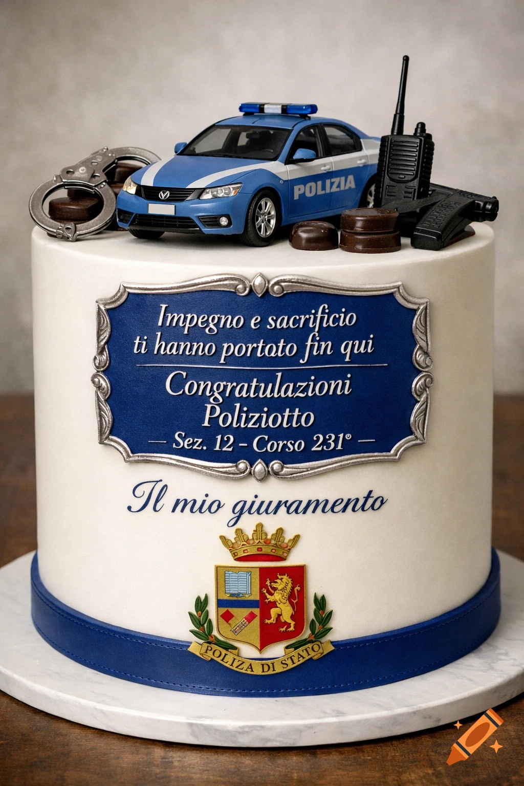 A white and blue police-themed celebration cake, adorned with a toy police car, chocolate handcuffs, radio, and pistol, and Italian text.