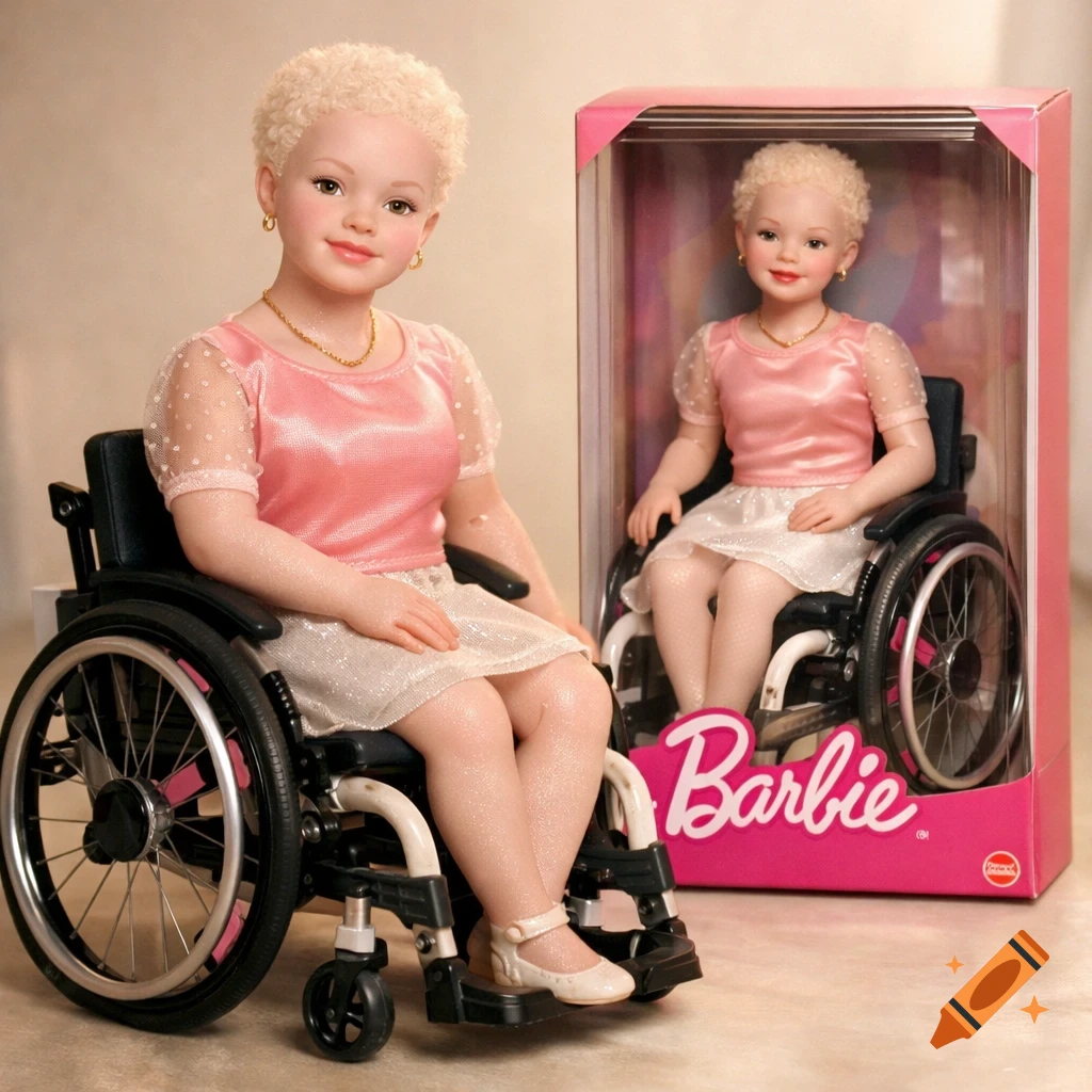 A photorealistic image of a Barbie doll with short blonde hair in a wheelchair, next to her pink display box.