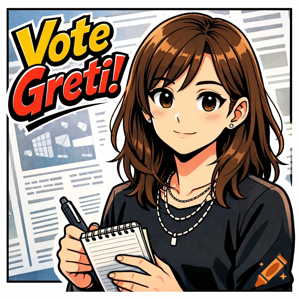 Manga-style illustration of a smiling journalist holding a pen and notepad, with "Vote Greti!" text.