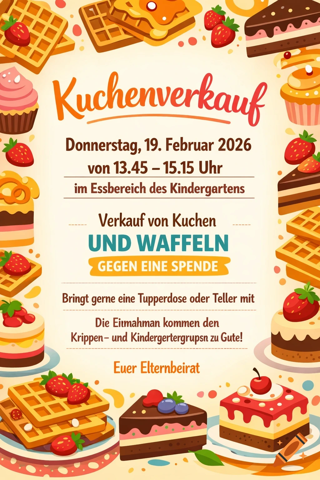 A vibrant German poster in a modern flat-design style for a cake and waffle sale, featuring illustrations of various desserts surrounding central event details.