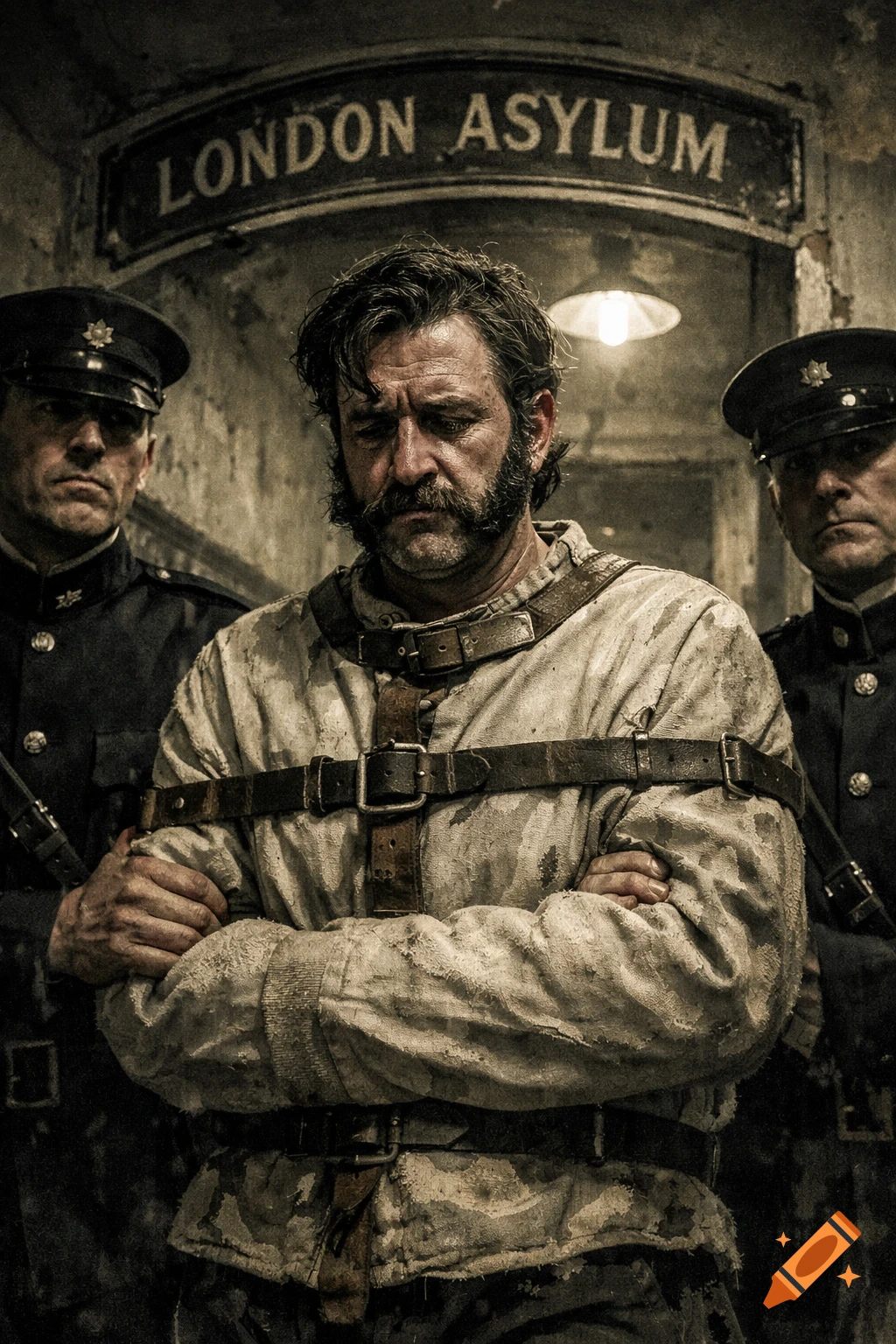 A distressed man with a mustache and sideburns in a straight jacket is escorted by two uniformed attendants in a dark 'London Asylum' hallway.