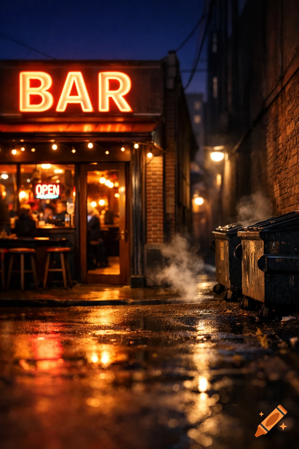 Photorealistic night scene of a bar with a neon 'BAR' sign and an 'OPEN' sign, next to a wet alley with steaming dumpsters.