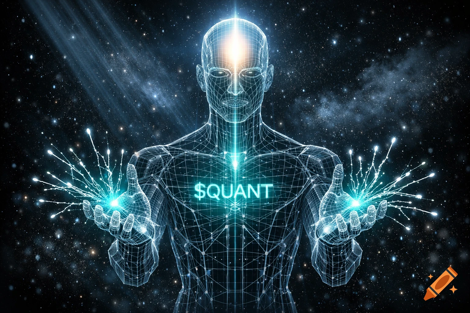A glowing wireframe humanoid figure in deep space holds energy filaments, with '$QUANT' text on its chest, in a futuristic digital art style.