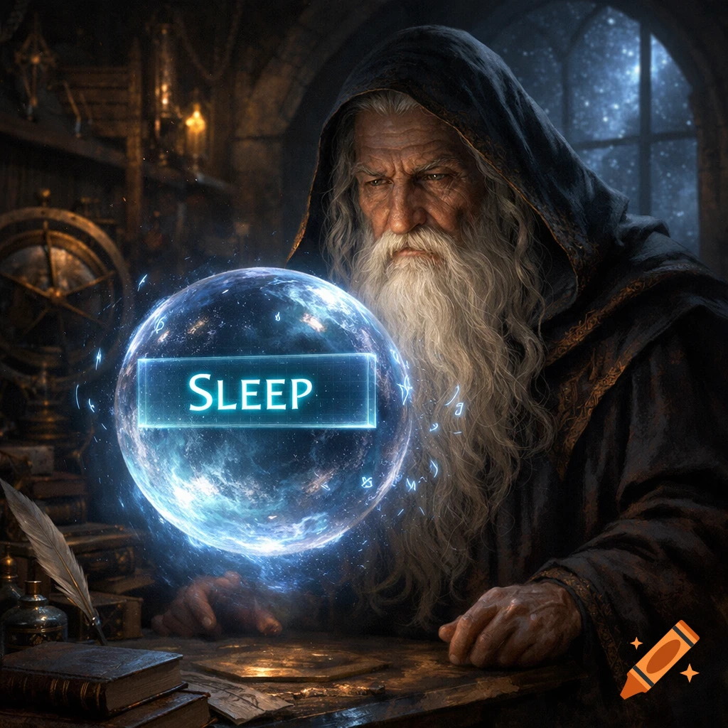 A wizard with a long white beard and hooded robe gazes at a glowing blue mystical orb with 'SLEEP' on it in a dark study.