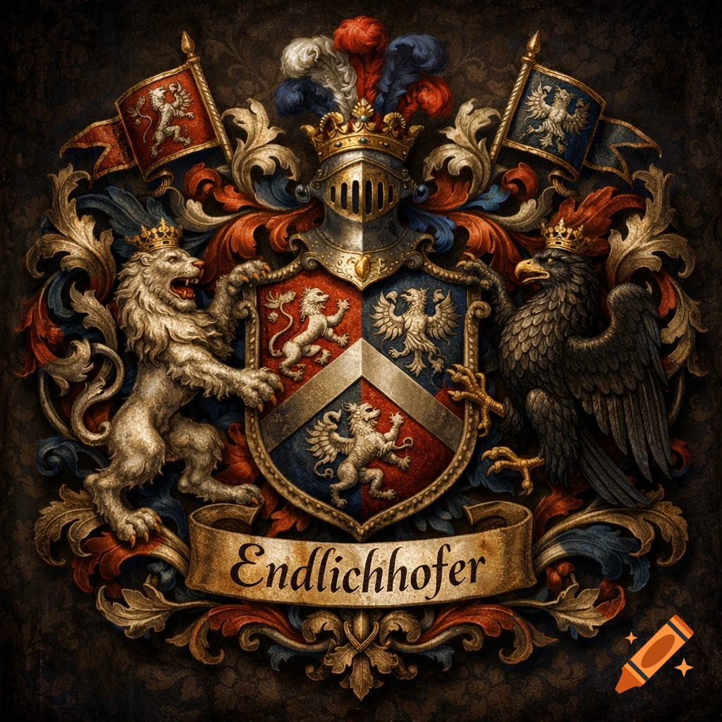 An ornate heraldic coat of arms featuring a shield, crowned lion, eagle, knight's helmet, and a banner with 'Endlichhofer'.
