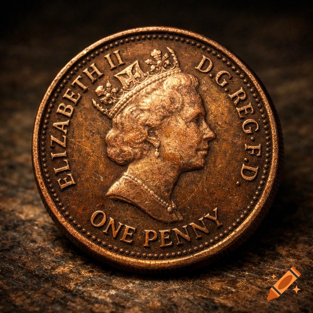 Photorealistic close-up of a copper British 1 pence coin with Queen Elizabeth II's profile and text on a dark surface.