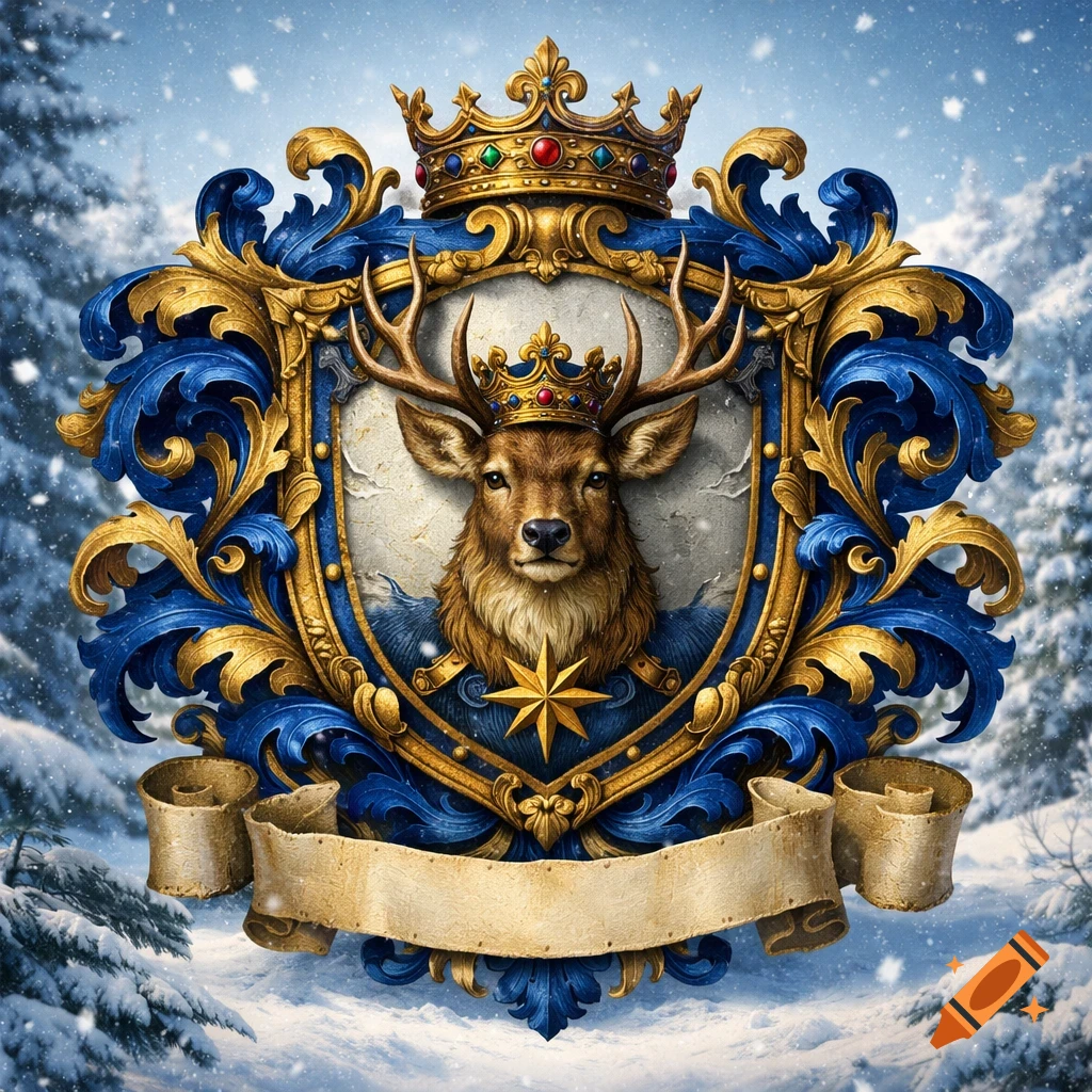 A regal deer wearing a crown within an ornate blue and gold heraldic shield, topped with a larger crown, against a snowy winter forest. A blank scroll banner is below.