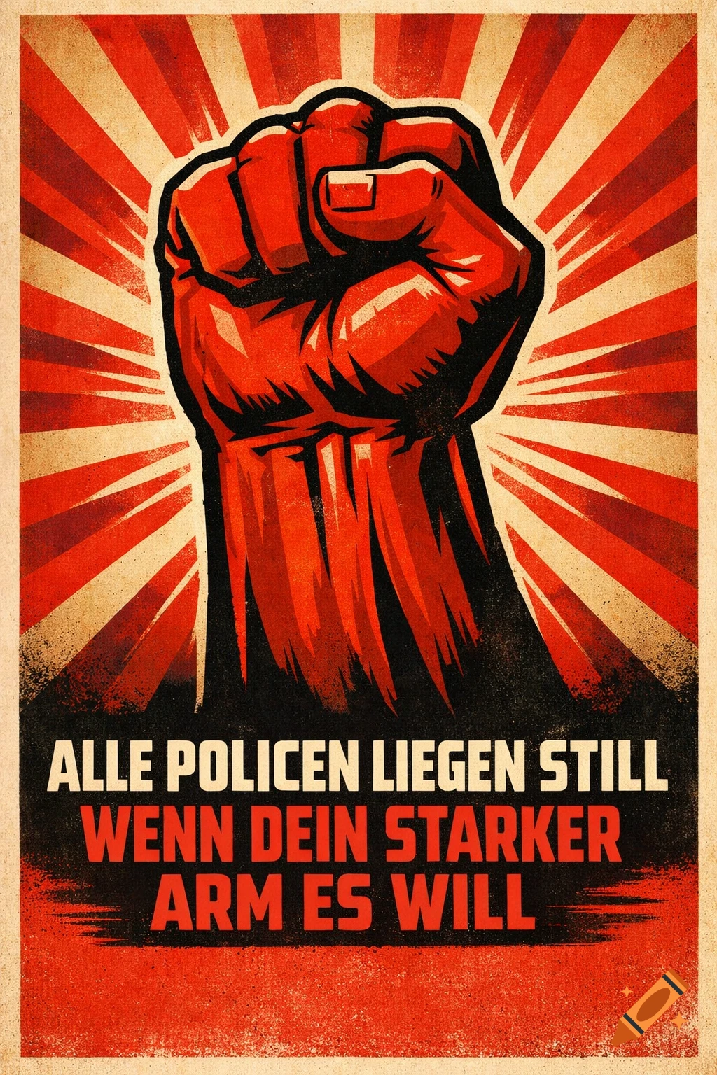 A retro-style propaganda poster with a large red stylized fist against a red and beige sunburst background. German text in bold block letters reads: "Alle Policen liegen still wenn dein starker Arm es will."