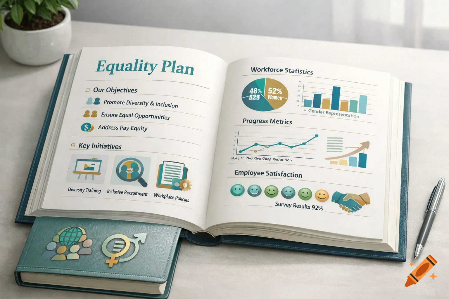 An open book titled 'Equality Plan' on a desk, displaying charts and statistics on workforce, progress metrics, and employee satisfaction, with a pen and a plant nearby.