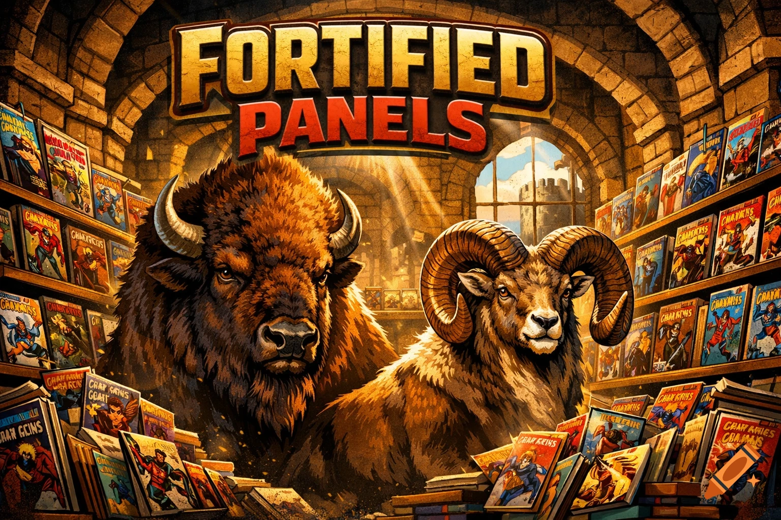A powerful bison and a horned ram stand in a fortress-like comic book store filled with comics, under a "Fortified Panels" banner.